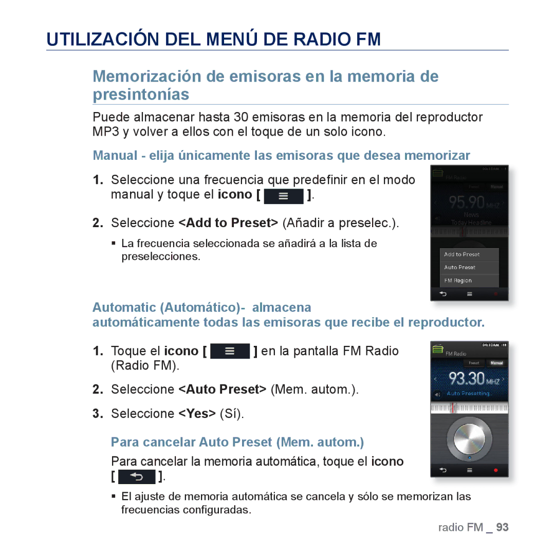 Samsung YP-M1JEB/EDC manual Utilización DEL Menú DE Radio FM, Memorización de emisoras en la memoria de presintonías 