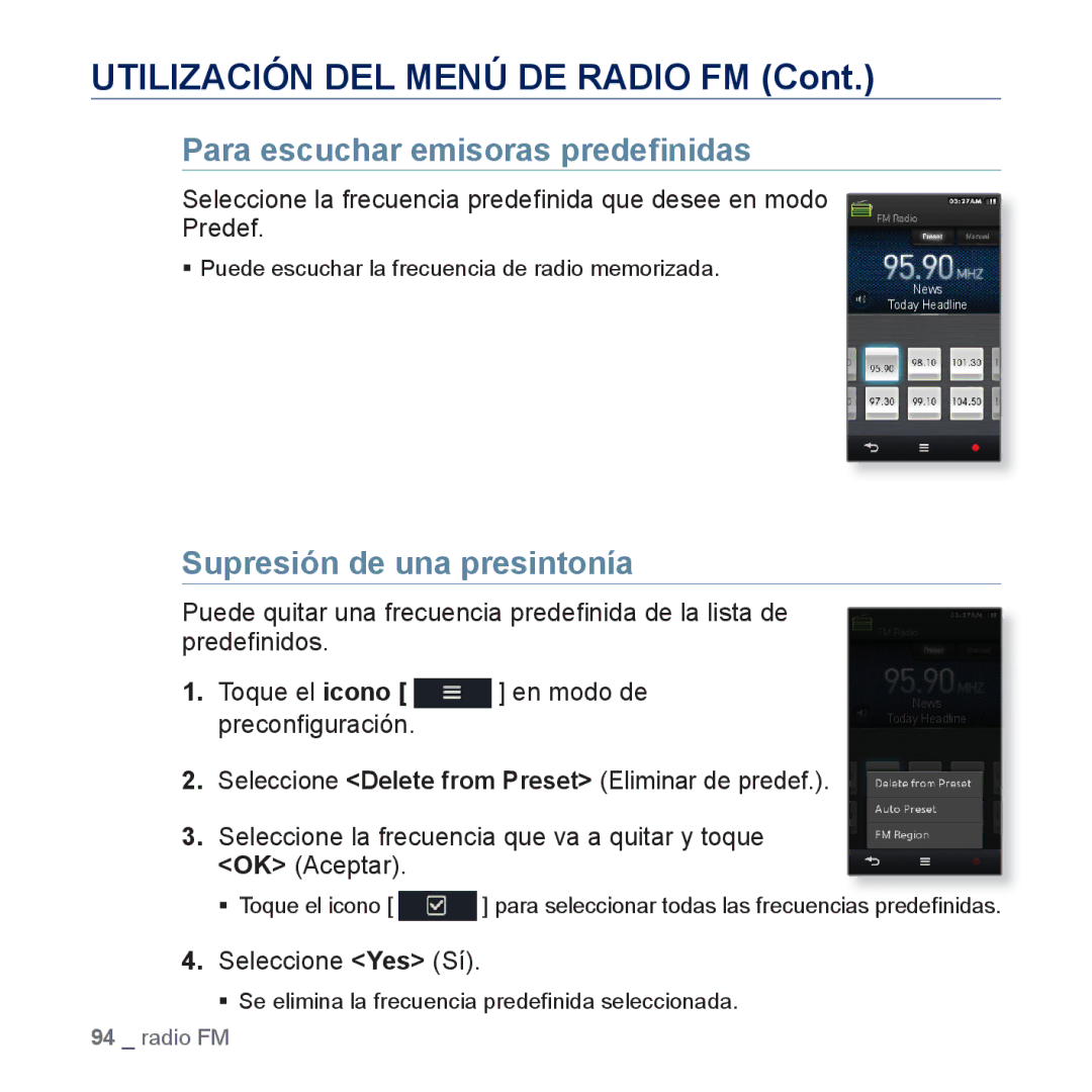 Samsung YP-M1JCB/EDC Utilización DEL Menú DE Radio FM, Para escuchar emisoras predeﬁnidas, Supresión de una presintonía 