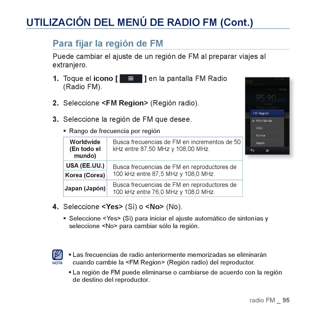 Samsung YP-M1JEB/EDC, YP-M1JCB/EDC manual Para ﬁjar la región de FM, Seleccione Yes Sí o No No 