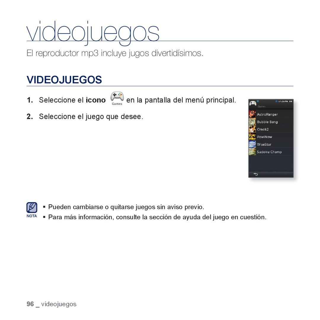 Samsung YP-M1JCB/EDC, YP-M1JEB/EDC manual Videojuegos 