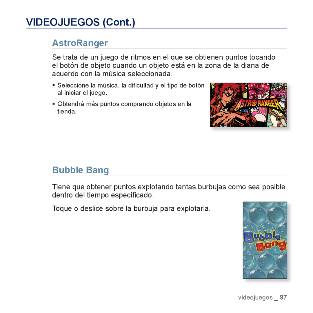 Samsung YP-M1JEB/EDC, YP-M1JCB/EDC manual Videojuegos, AstroRanger, Bubble Bang 