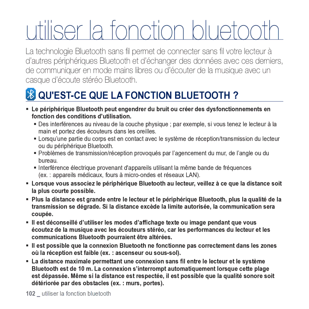 Samsung YP-M1JCB/XEF manual Utiliser la fonction bluetooth, QUEST-CE QUE LA Fonction Bluetooth ? 