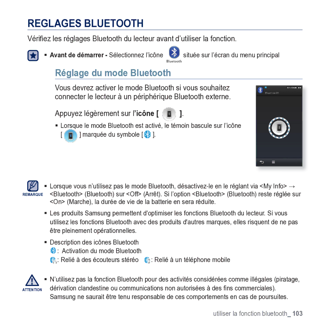 Samsung YP-M1JCB/XEF manual Reglages Bluetooth, Réglage du mode Bluetooth 