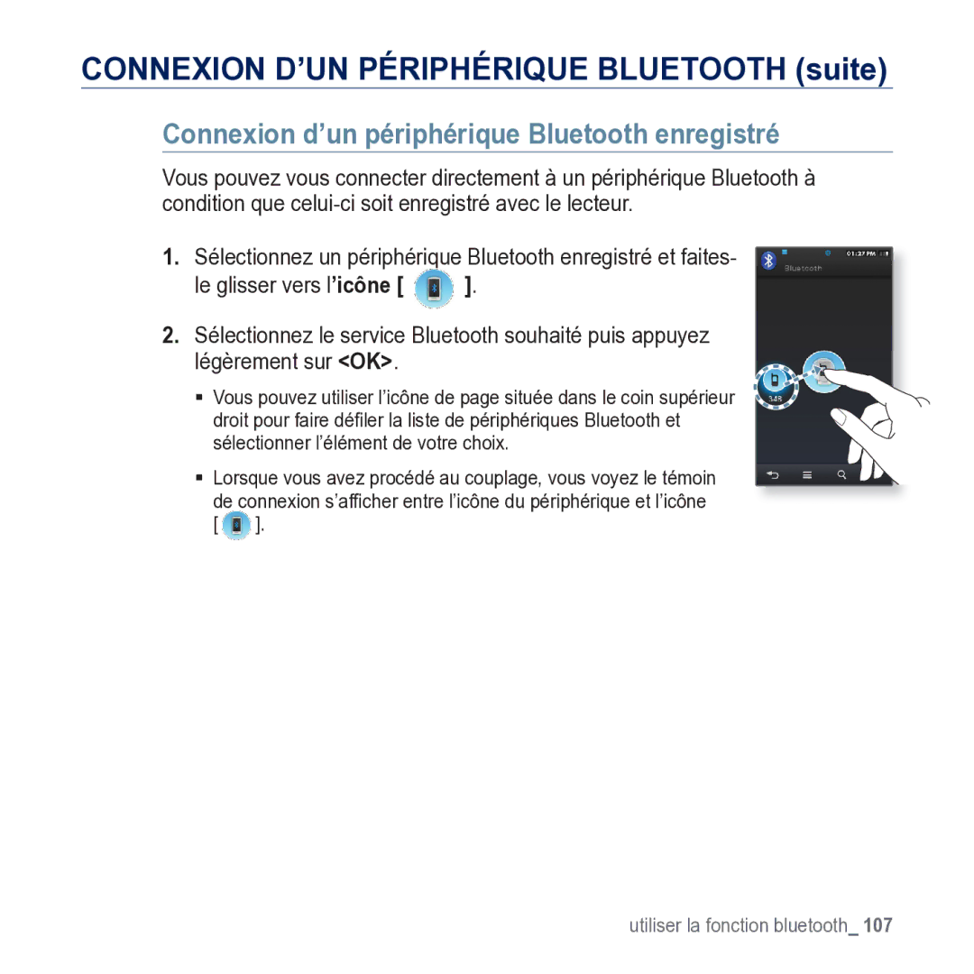 Samsung YP-M1JCB/XEF manual Connexion d’un périphérique Bluetooth enregistré 