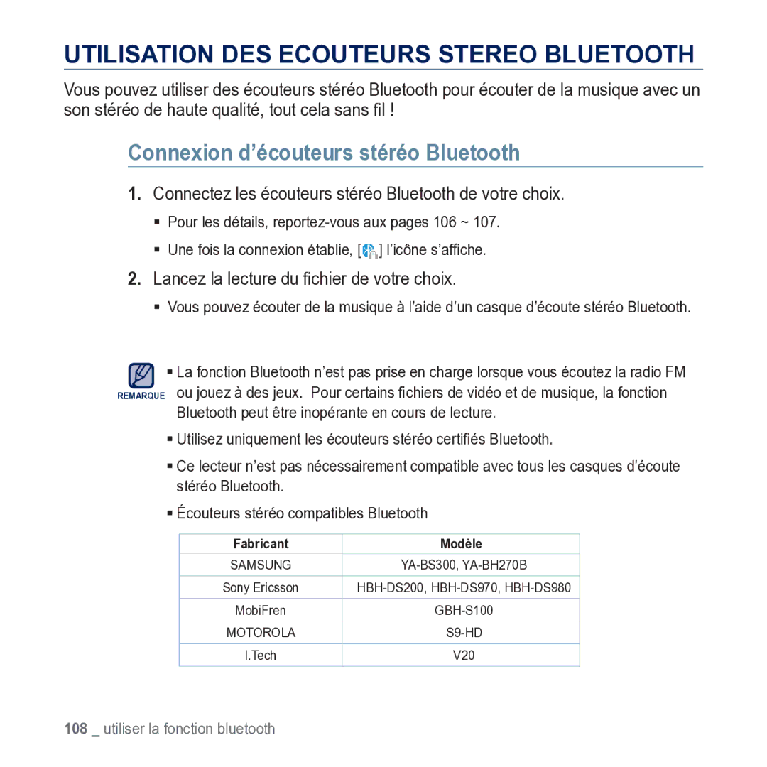 Samsung YP-M1JCB/XEF manual Utilisation DES Ecouteurs Stereo Bluetooth, Connexion d’écouteurs stéréo Bluetooth 