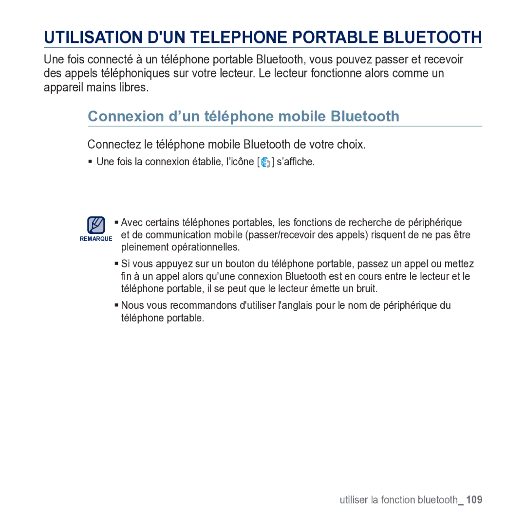 Samsung YP-M1JCB/XEF Connexion d’un téléphone mobile Bluetooth, Connectez le téléphone mobile Bluetooth de votre choix 