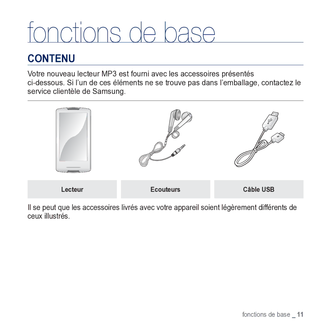 Samsung YP-M1JCB/XEF manual Fonctions de base, Contenu 