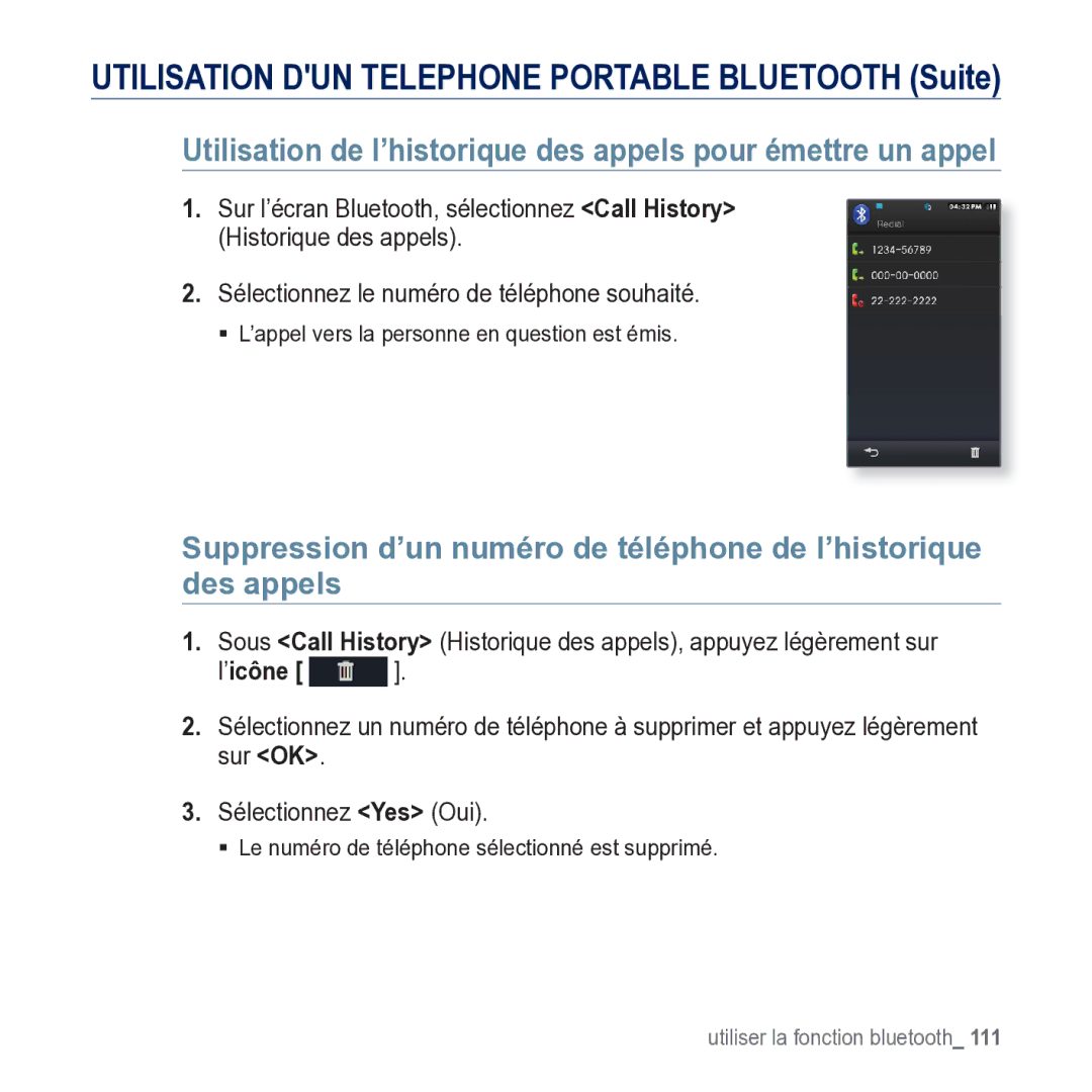 Samsung YP-M1JCB/XEF manual Utilisation de l’historique des appels pour émettre un appel 