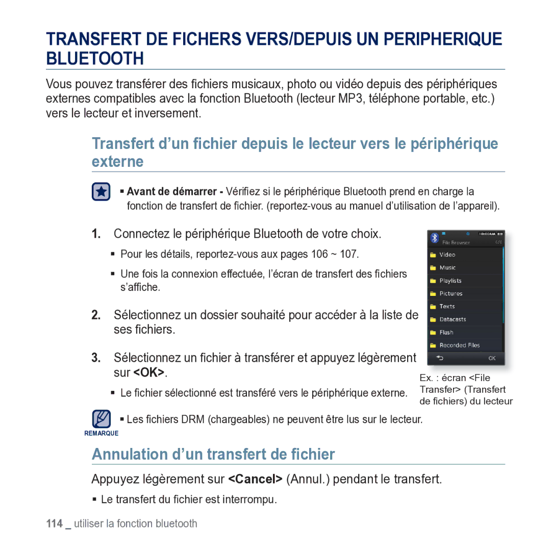 Samsung YP-M1JCB/XEF manual Transfert DE Fichers VERS/DEPUIS UN Peripherique Bluetooth, Annulation d’un transfert de ﬁchier 