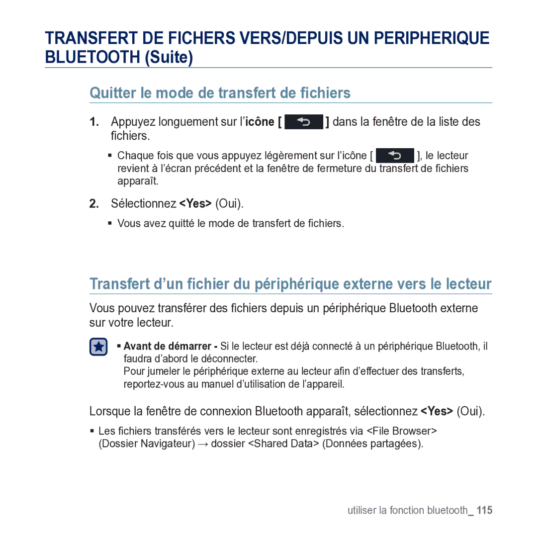 Samsung YP-M1JCB/XEF manual Quitter le mode de transfert de ﬁchiers, Appuyez longuement sur l’ icône 