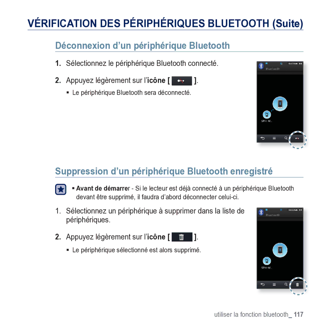 Samsung YP-M1JCB/XEF manual Déconnexion d’un périphérique Bluetooth, Suppression d’un périphérique Bluetooth enregistré 