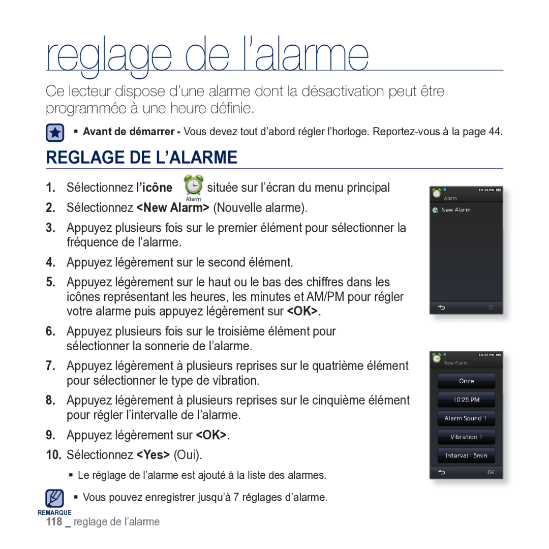 Samsung YP-M1JCB/XEF manual Reglage de l’alarme, Reglage DE L’ALARME 