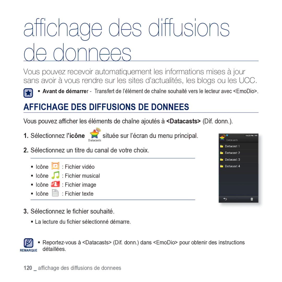 Samsung YP-M1JCB/XEF manual Afﬁchage des diffusions de donnees, Affichage DES Diffusions DE Donnees 