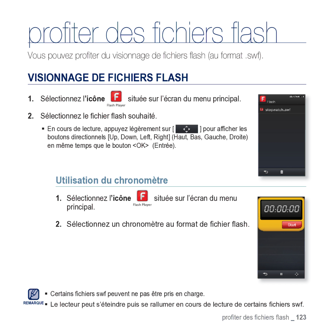 Samsung YP-M1JCB/XEF manual Visionnage DE Fichiers Flash, Utilisation du chronomètre 