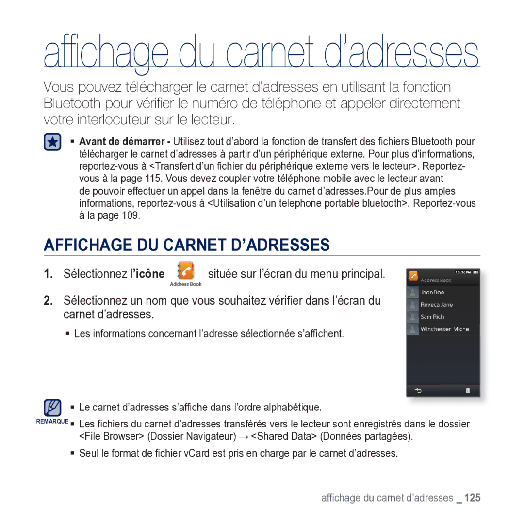 Samsung YP-M1JCB/XEF manual Afﬁchage du carnet d’adresses, Affichage DU Carnet D’ADRESSES 