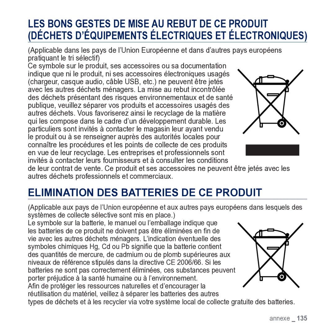 Samsung YP-M1JCB/XEF manual Elimination DES Batteries DE CE Produit 