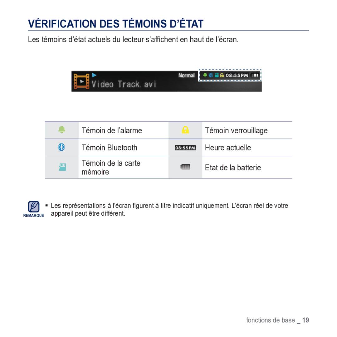 Samsung YP-M1JCB/XEF manual Vérification DES Témoins D’ÉTAT 