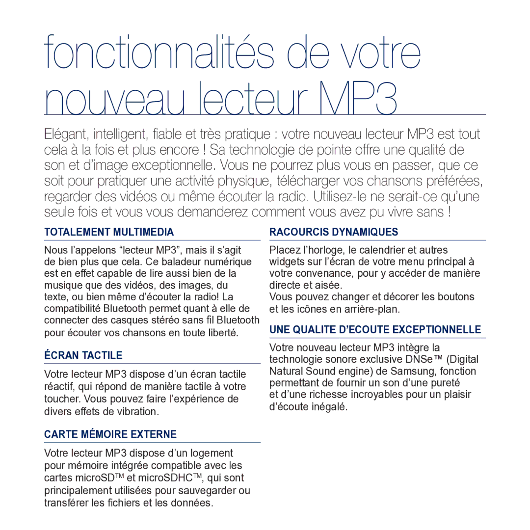 Samsung YP-M1JCB/XEF manual Fonctionnalités de votre nouveau lecteur MP3 