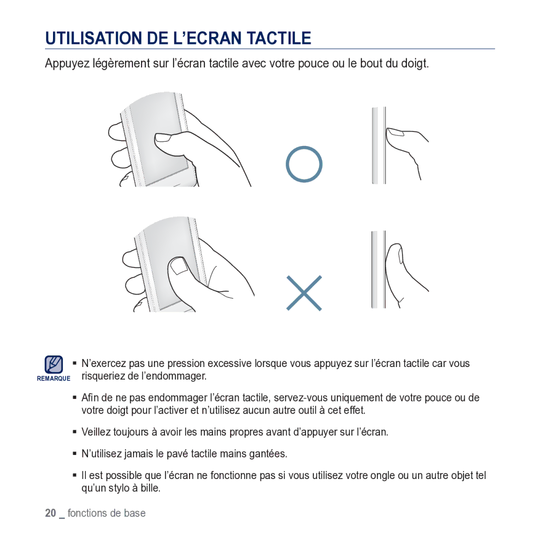 Samsung YP-M1JCB/XEF manual Utilisation DE L’ECRAN Tactile 