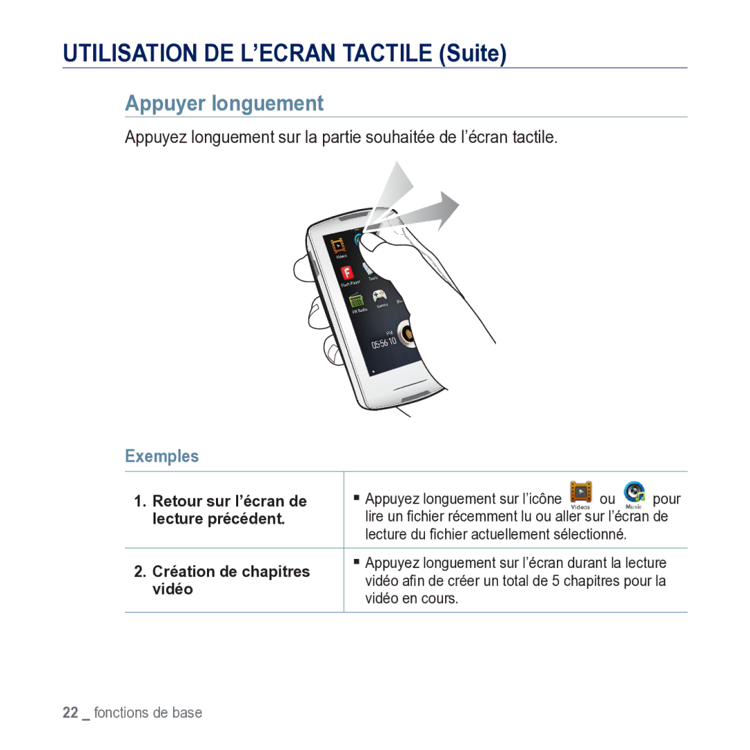 Samsung YP-M1JCB/XEF manual Appuyer longuement, Création de chapitres 