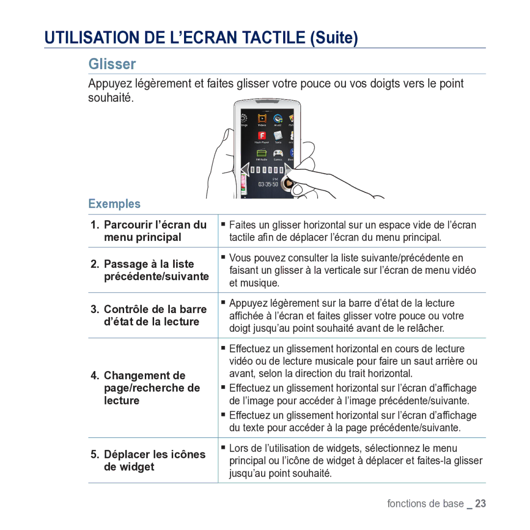 Samsung YP-M1JCB/XEF manual Glisser, Contrôle de la barre 