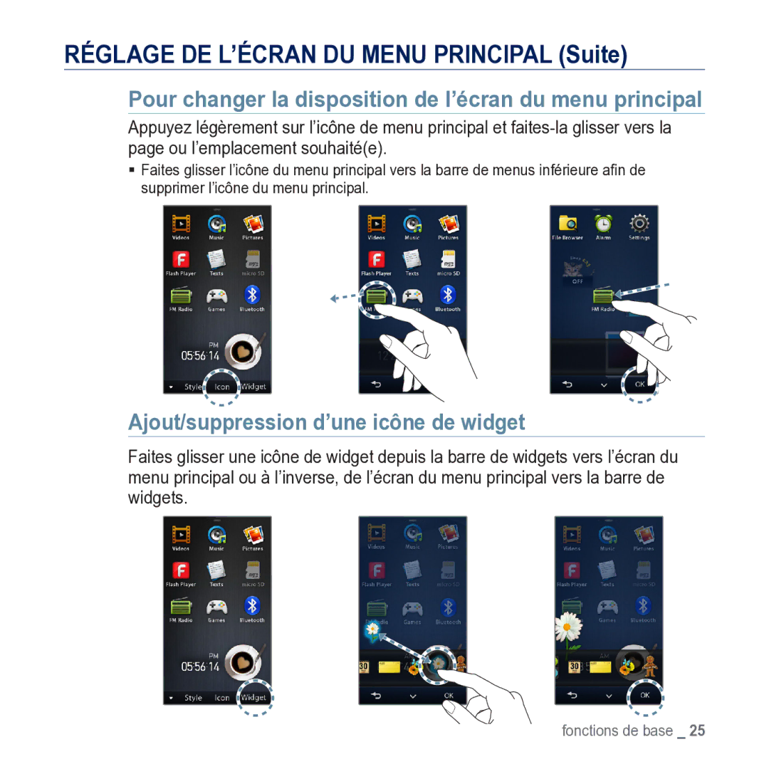 Samsung YP-M1JCB/XEF Réglage DE L’ÉCRAN DU Menu Principal Suite, Pour changer la disposition de l’écran du menu principal 