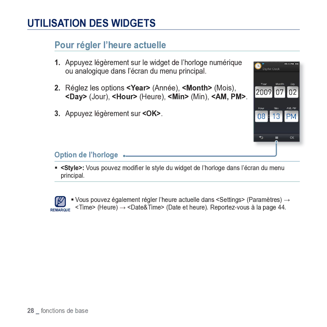 Samsung YP-M1JCB/XEF Utilisation DES Widgets, Pour régler l’heure actuelle, Appuyez légèrement sur OK, Option de l’horloge 