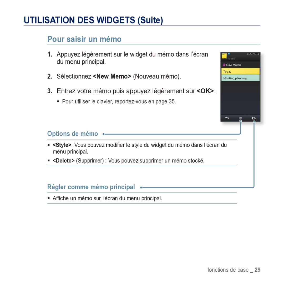 Samsung YP-M1JCB/XEF Utilisation DES Widgets Suite, Pour saisir un mémo, Options de mémo, Régler comme mémo principal 