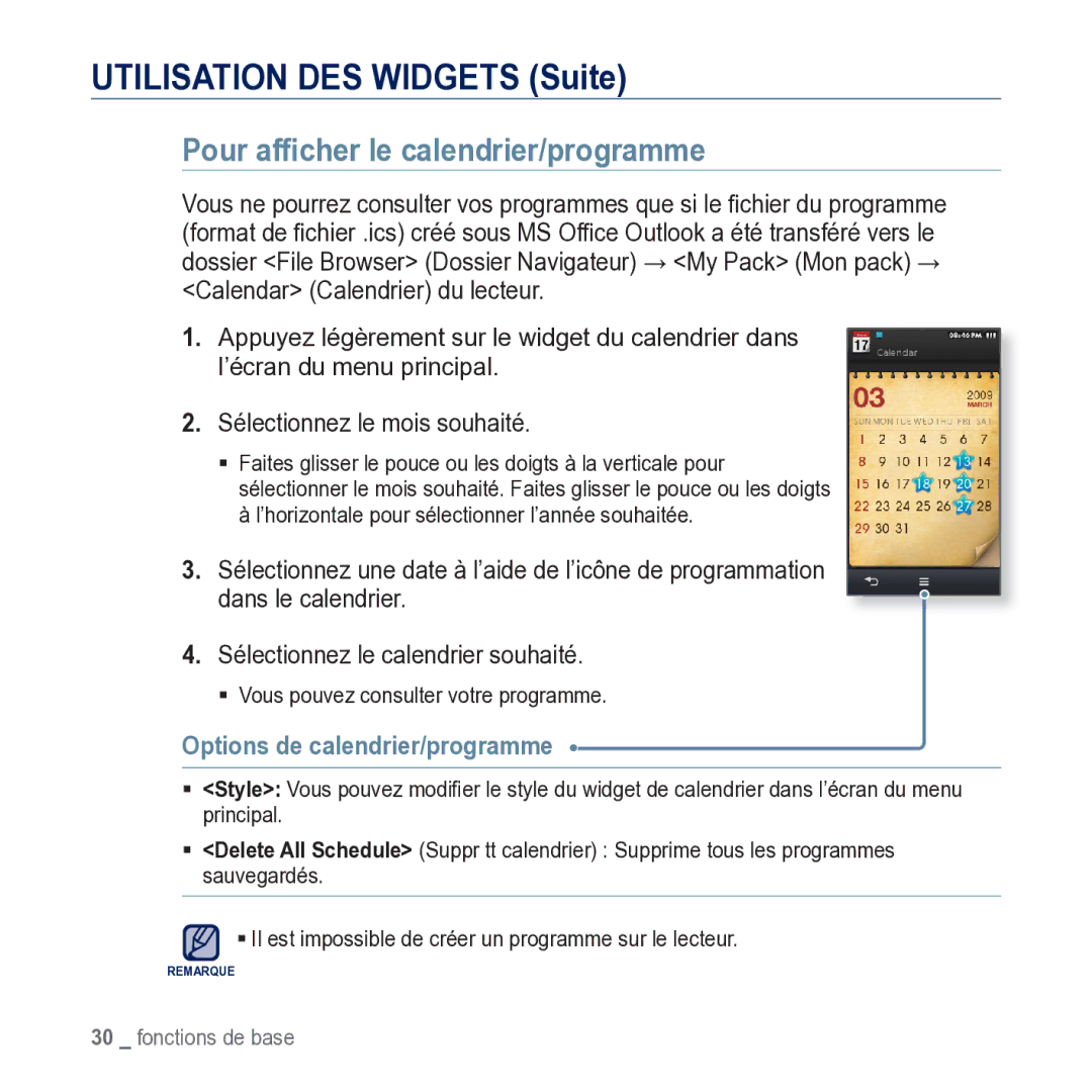 Samsung YP-M1JCB/XEF manual Pour afﬁcher le calendrier/programme, Options de calendrier/programme 