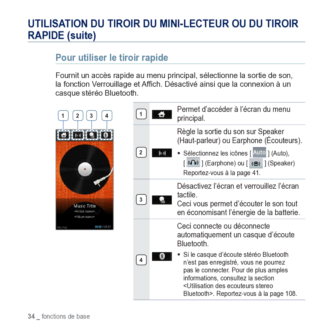 Samsung YP-M1JCB/XEF manual Pour utiliser le tiroir rapide, Désactivez l’écran et verrouillez l’écran tactile 