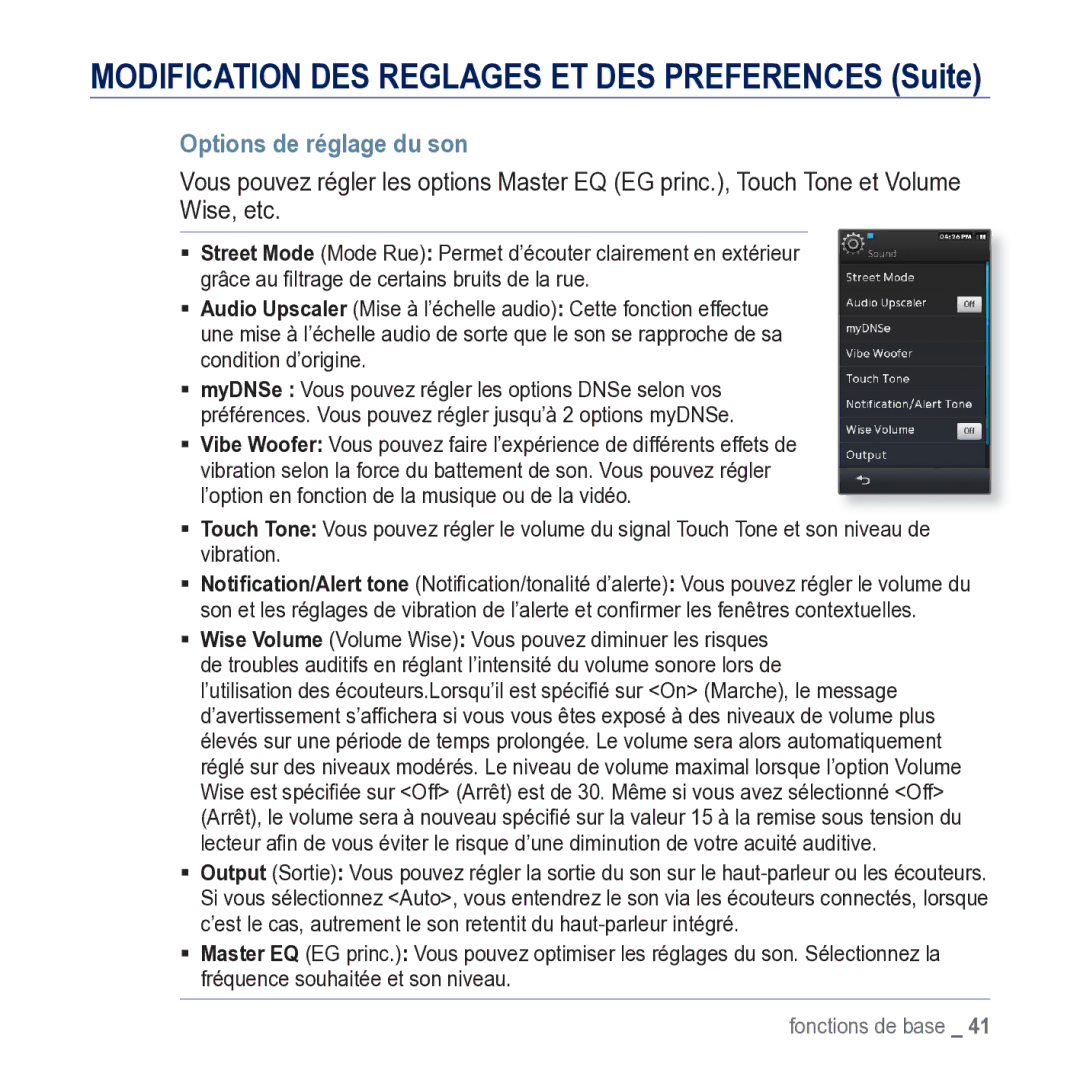 Samsung YP-M1JCB/XEF manual Modification DES Reglages ET DES Preferences Suite, Options de réglage du son 