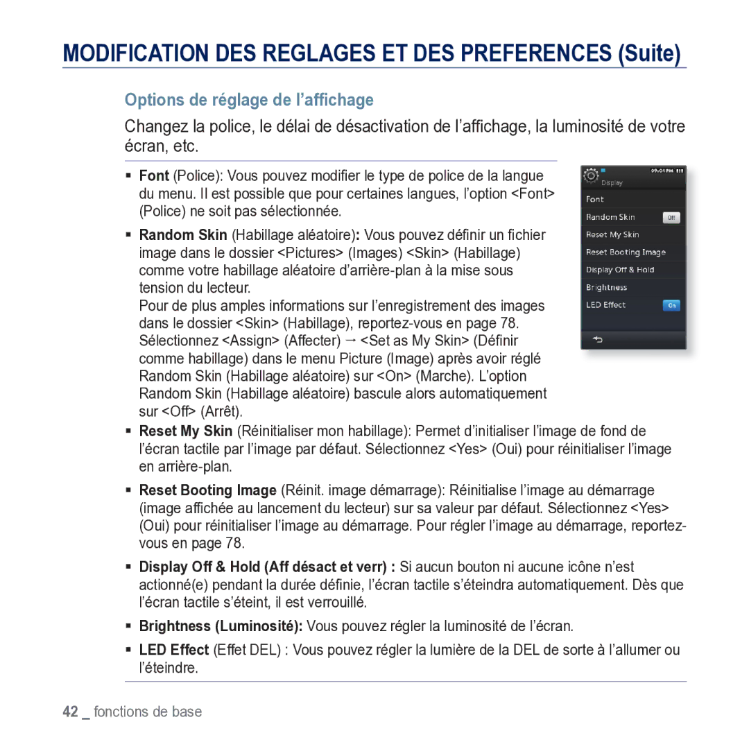 Samsung YP-M1JCB/XEF manual Options de réglage de l’afﬁchage 