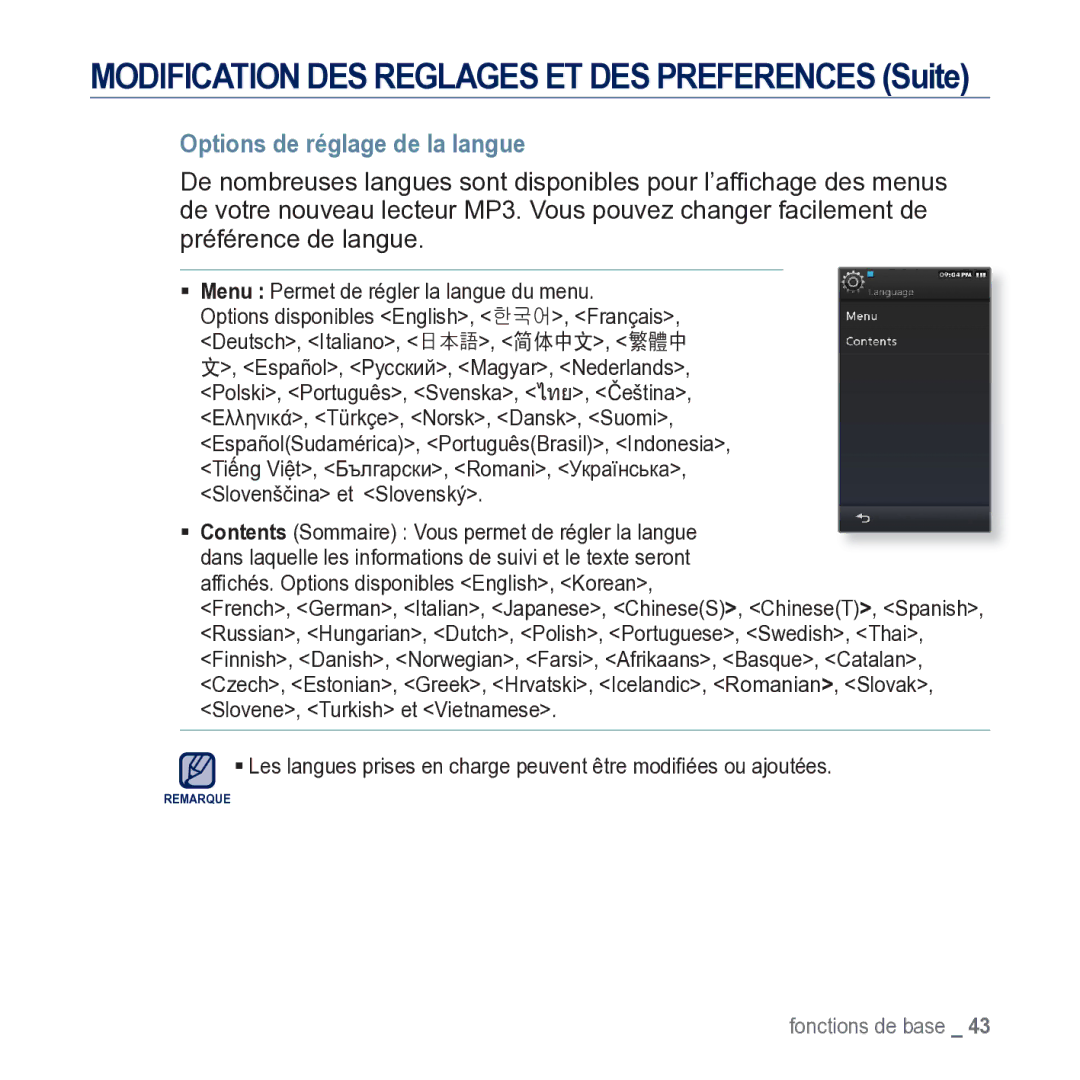 Samsung YP-M1JCB/XEF manual Options de réglage de la langue, Deutsch, Italiano 