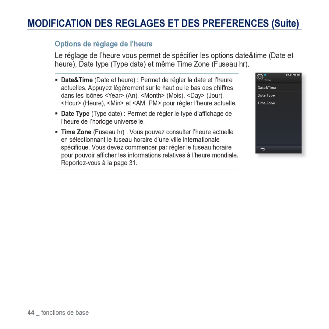 Samsung YP-M1JCB/XEF manual Options de réglage de l’heure 