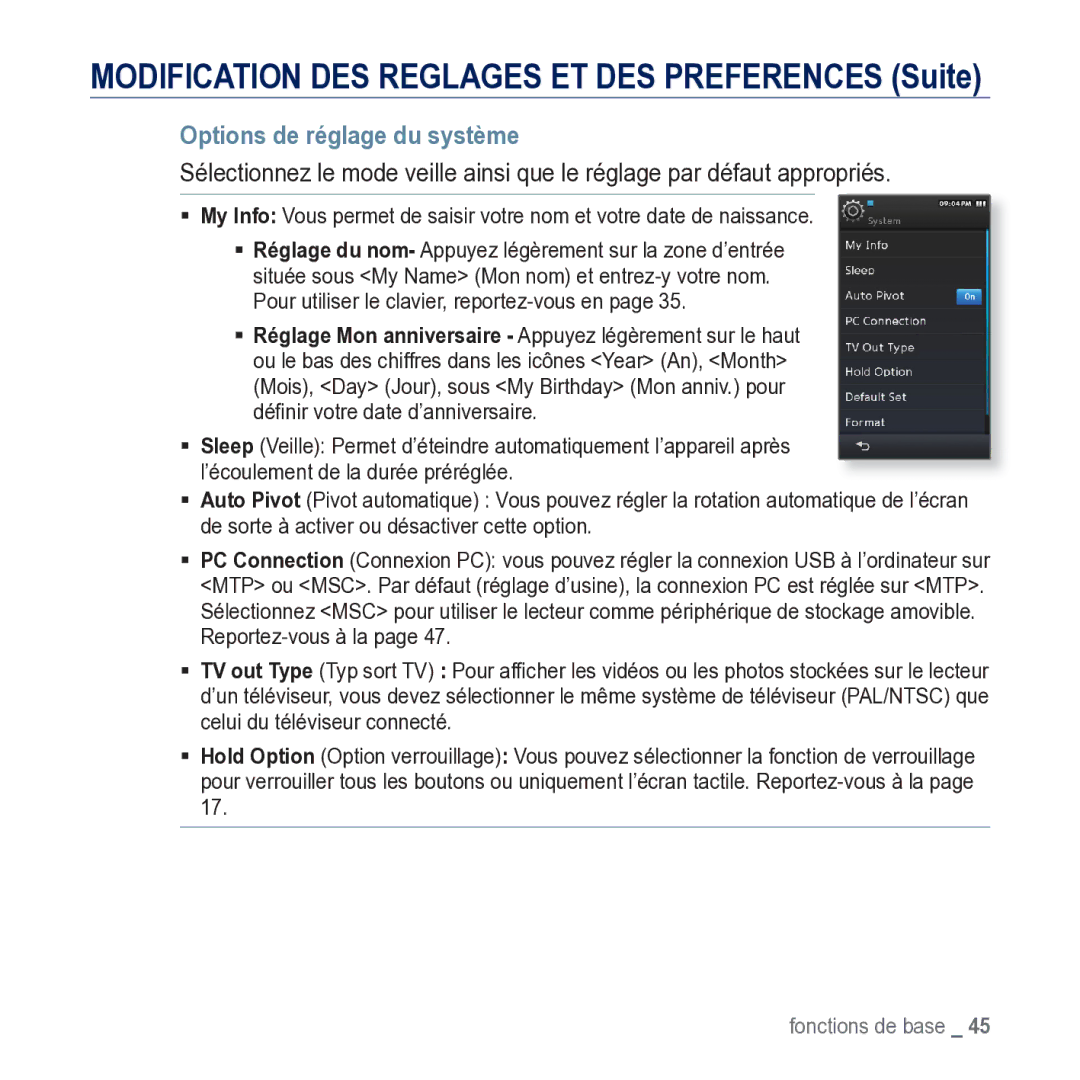 Samsung YP-M1JCB/XEF manual Options de réglage du système 