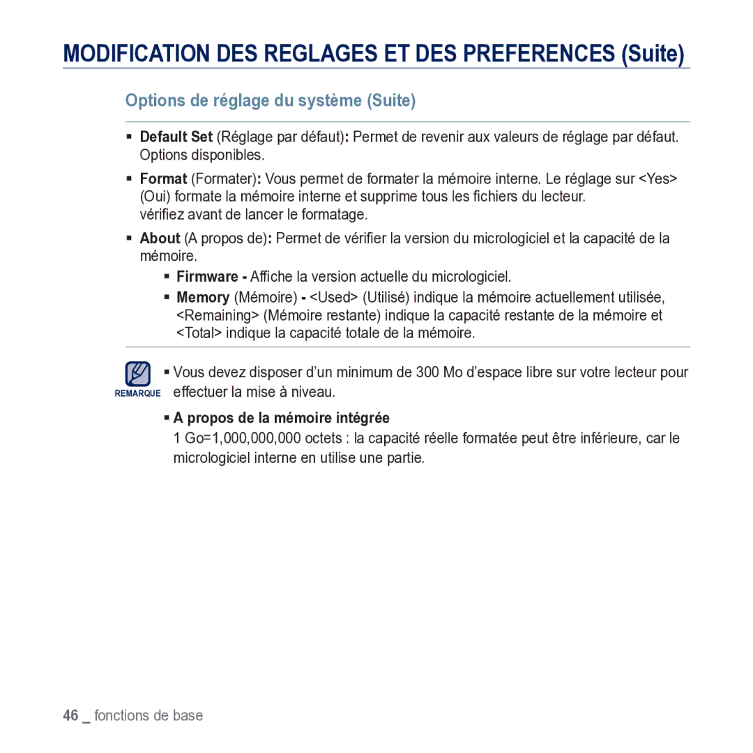 Samsung YP-M1JCB/XEF manual Options de réglage du système Suite, ƒ a propos de la mémoire intégrée 