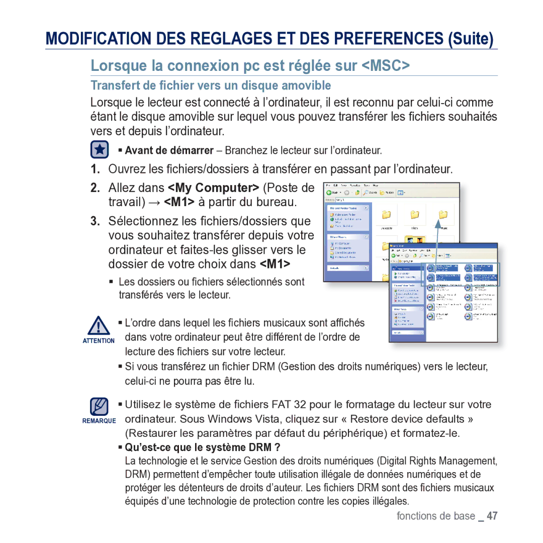 Samsung YP-M1JCB/XEF manual Lorsque la connexion pc est réglée sur MSC, Transfert de ﬁchier vers un disque amovible 