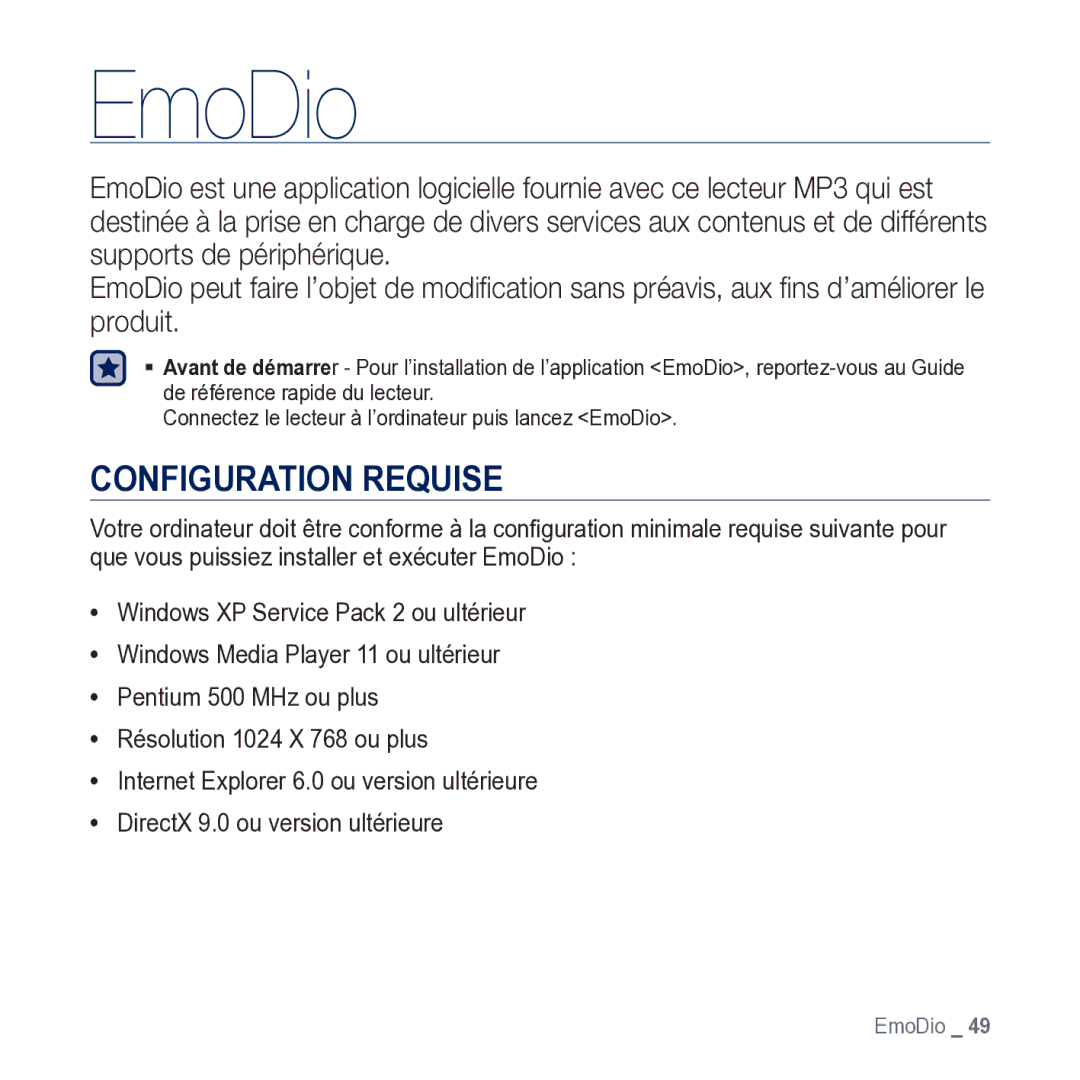 Samsung YP-M1JCB/XEF manual EmoDio, Configuration Requise 