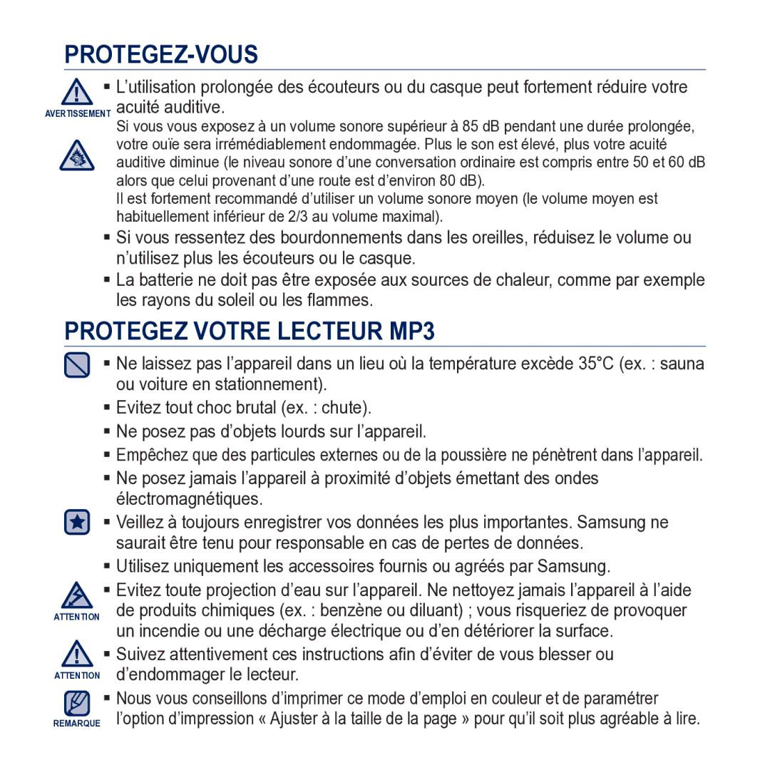 Samsung YP-M1JCB/XEF manual Protegez Votre Lecteur MP3 