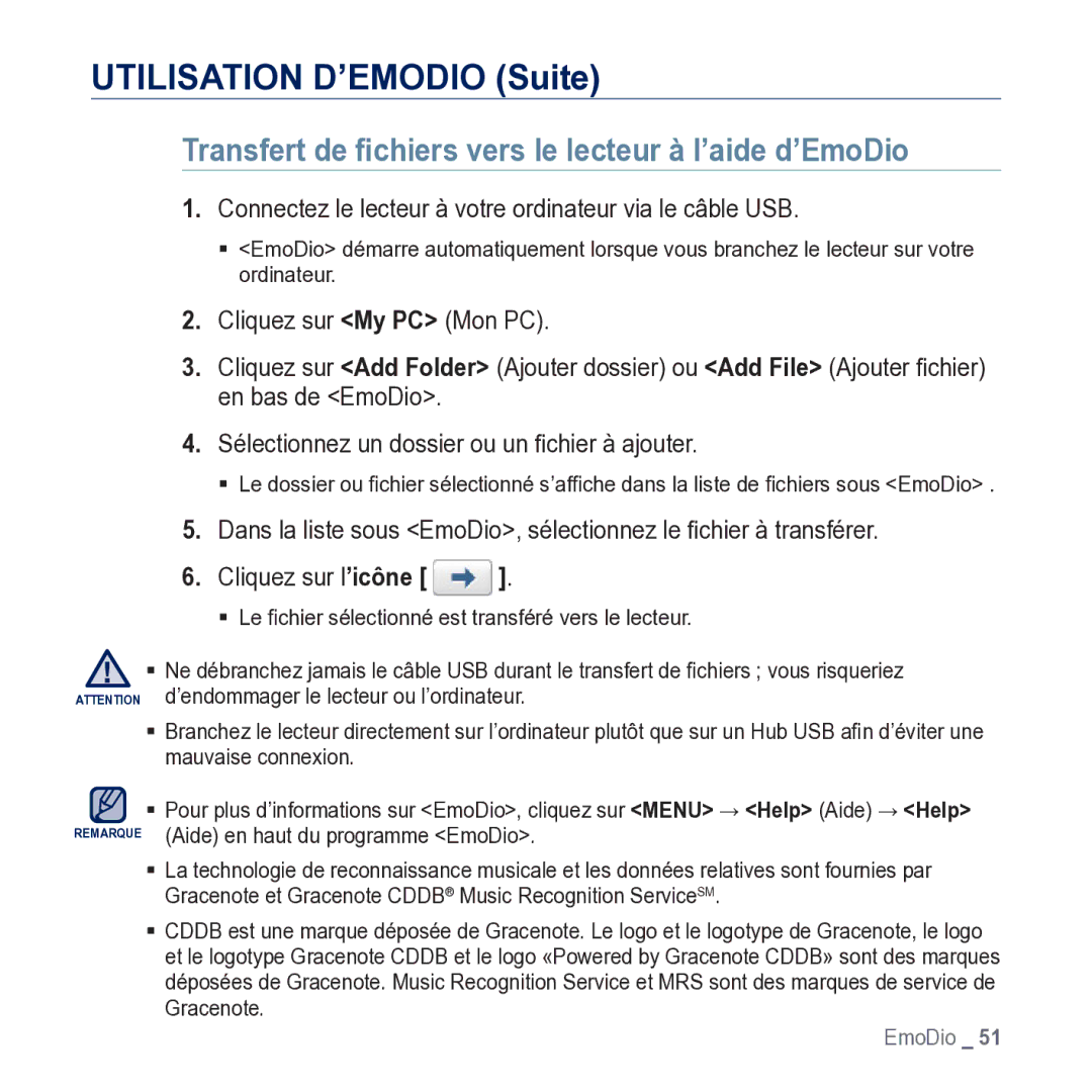 Samsung YP-M1JCB/XEF manual Utilisation D’EMODIO Suite, Transfert de ﬁchiers vers le lecteur à l’aide d’EmoDio 