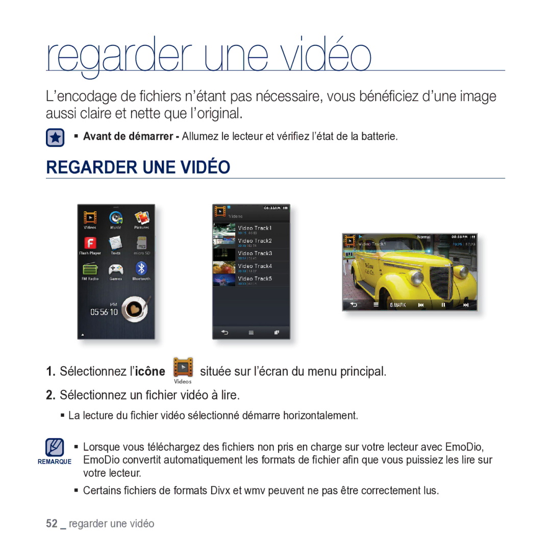 Samsung YP-M1JCB/XEF manual Regarder une vidéo, Regarder UNE Vidéo 