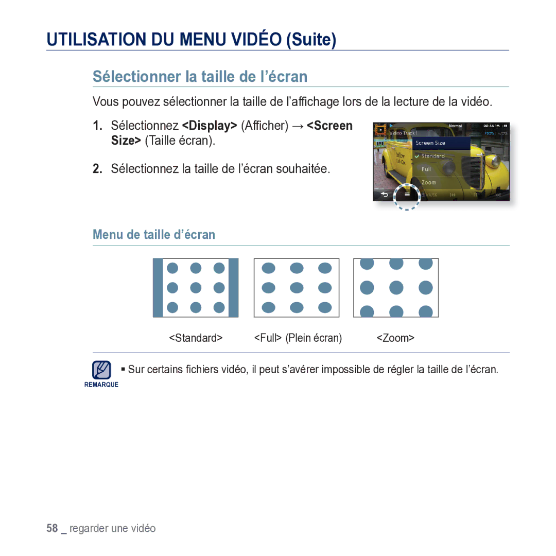 Samsung YP-M1JCB/XEF manual Utilisation DU Menu Vidéo Suite, Sélectionner la taille de l’écran, Menu de taille d’écran 