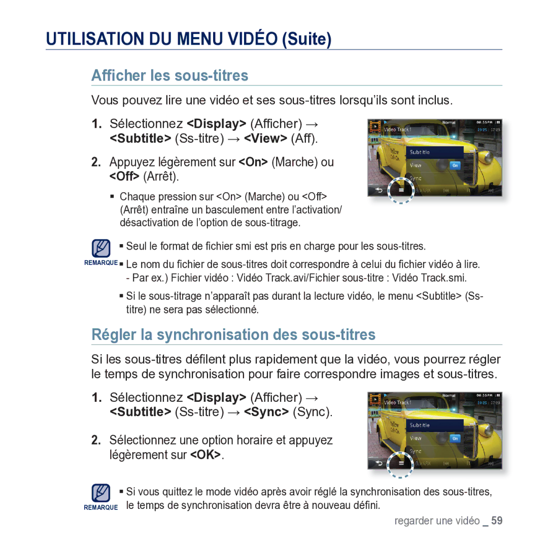 Samsung YP-M1JCB/XEF manual Afﬁcher les sous-titres, Régler la synchronisation des sous-titres, Subtitle Ss-titreView Aff 