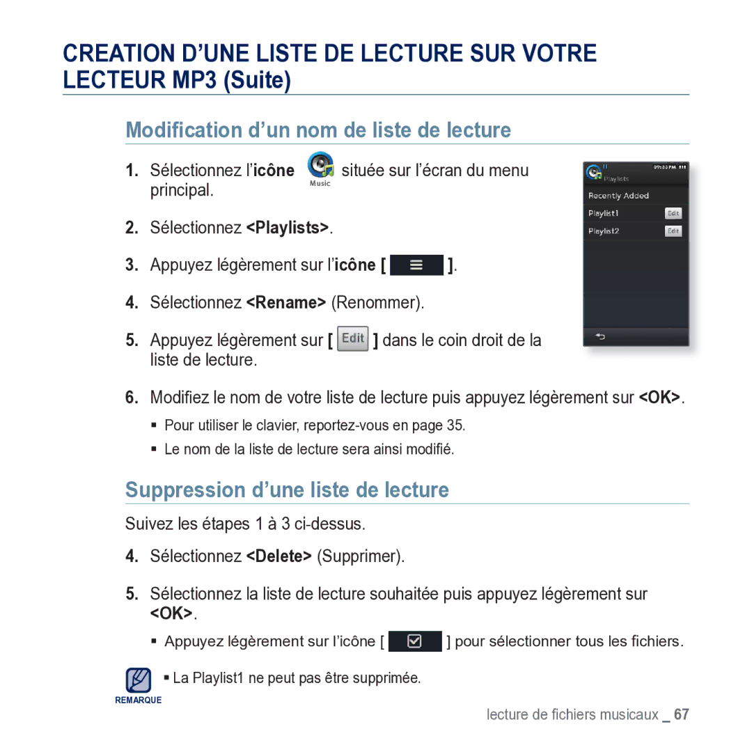 Samsung YP-M1JCB/XEF Creation D’UNE Liste DE Lecture SUR Votre Lecteur MP3 Suite, Modiﬁcation d’un nom de liste de lecture 