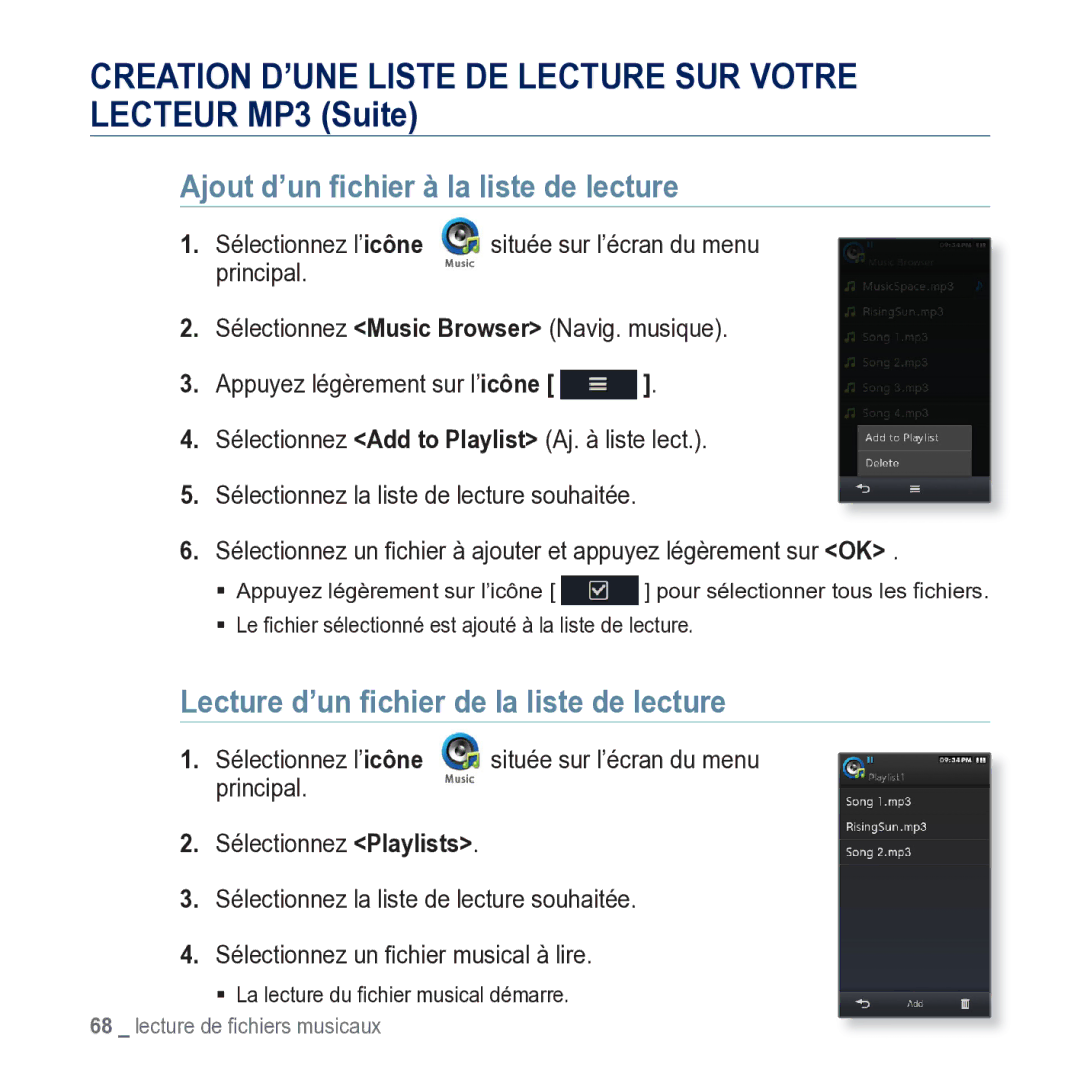 Samsung YP-M1JCB/XEF manual Ajout d’un ﬁchier à la liste de lecture, Lecture d’un ﬁchier de la liste de lecture 