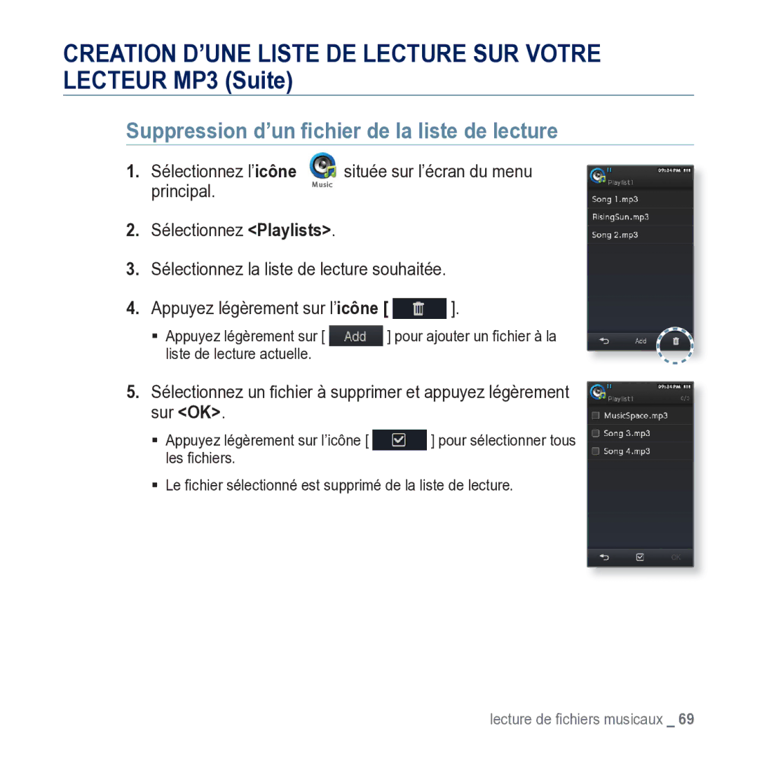 Samsung YP-M1JCB/XEF manual Suppression d’un ﬁchier de la liste de lecture 