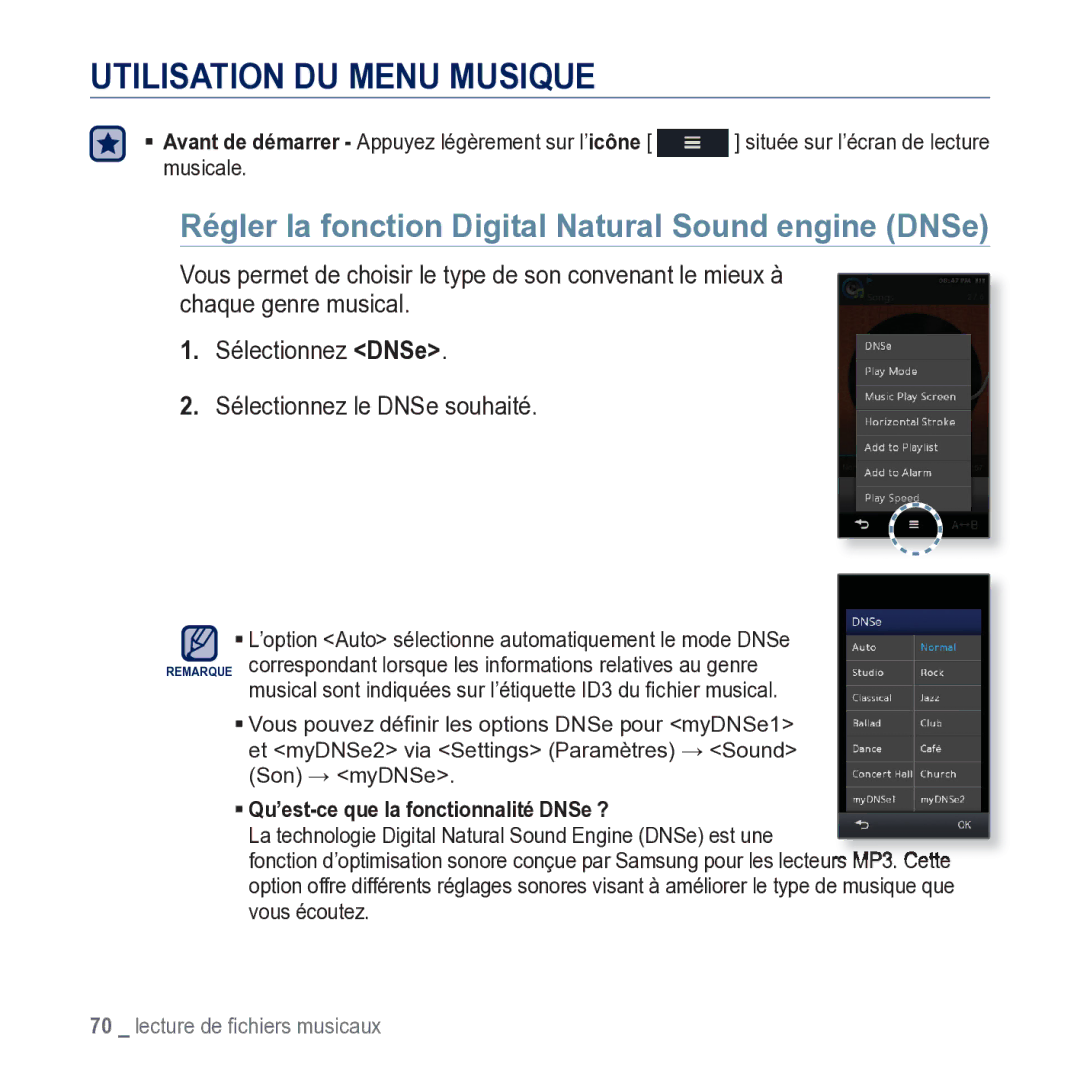 Samsung YP-M1JCB/XEF manual Utilisation DU Menu Musique, Régler la fonction Digital Natural Sound engine DNSe 