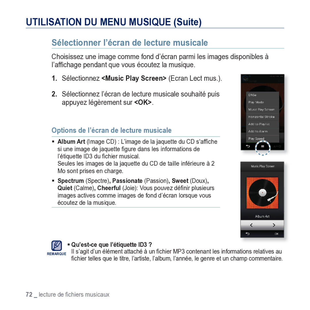 Samsung YP-M1JCB/XEF manual Sélectionner l’écran de lecture musicale, Options de l’écran de lecture musicale 