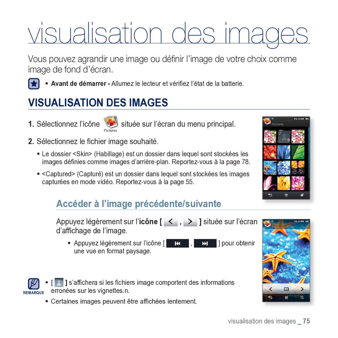 Samsung YP-M1JCB/XEF manual Visualisation DES Images, Accéder à l’image précédente/suivante 