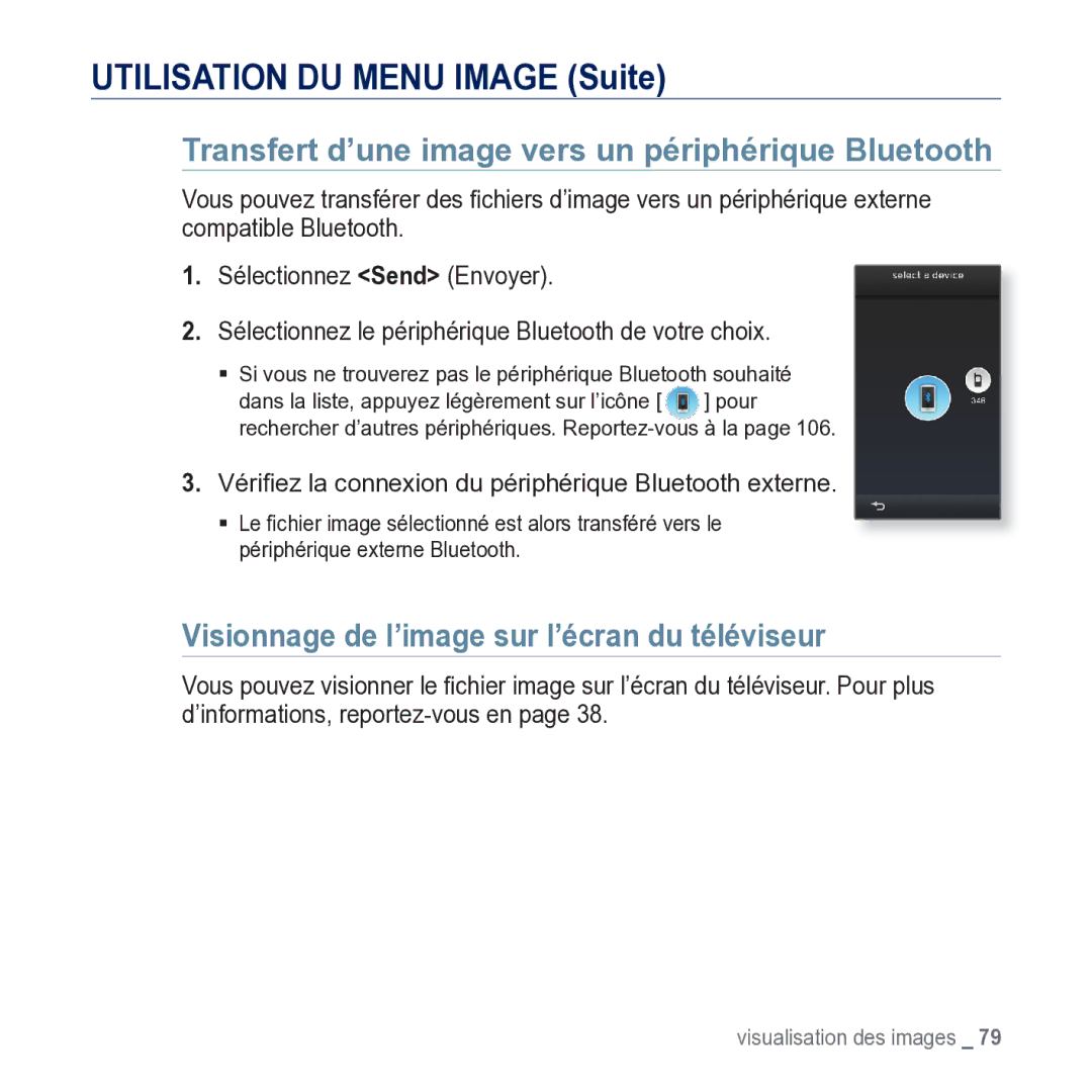 Samsung YP-M1JCB/XEF Transfert d’une image vers un périphérique Bluetooth, Visionnage de l’image sur l’écran du téléviseur 